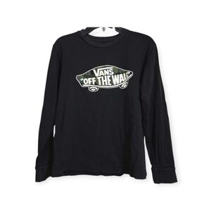 Vans Off The Wall Black Long Sleeve Camo Skateboard Logo Graphic Tee Size 8-10